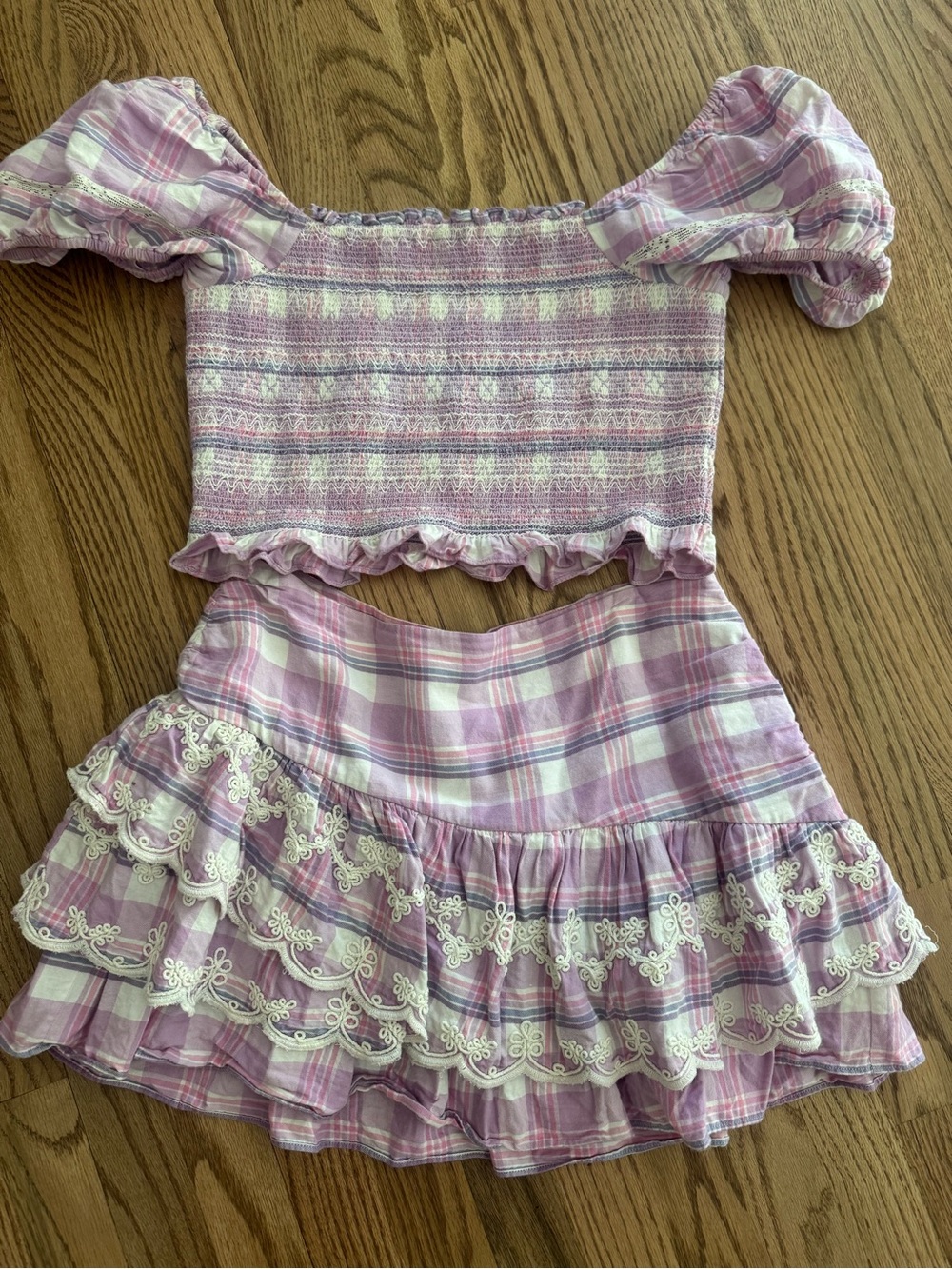 Love shack fancy Lilac Plaid Two-Piece Crop Top & Ruffled Mini Skirt